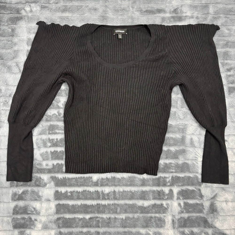 Express Womens XL Black Ribbed Scoop Neck Puff Shoulder Long Sleeve Sweater Top